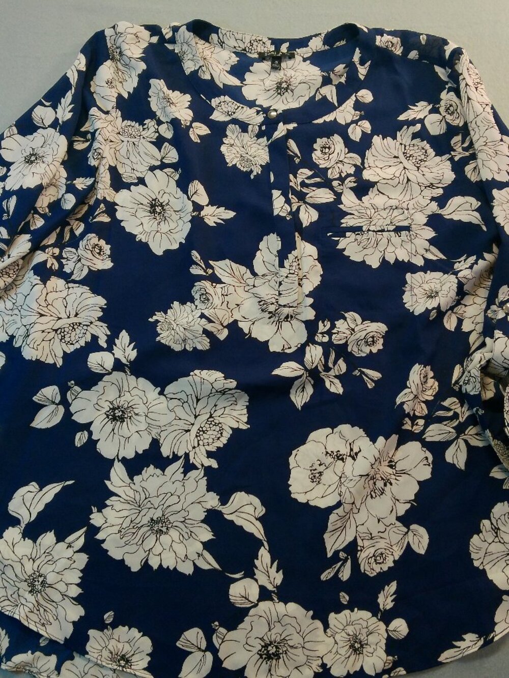 Womens Floral Print Top Blouse Roll Tab Blue White Sami & Jo Size 2X